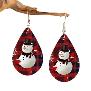 Boucles d'oreilles bonhomme de neige Noël avec motif écossais rouge et noir sur bois