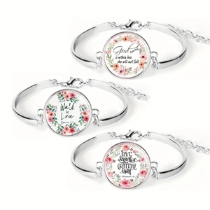 Vintage Silver Tone Alloy Bracelet Bible Verse Floral Glass Cabochon Bangle Religious Inspirational Quotes Jewelry Women Gift