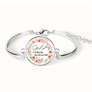 Vintage Bible verse silver bracelet with God is within her glass pendant charm
