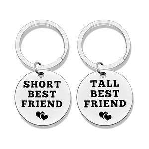 Polished stainless steel round friendship keychains with best friend heart engravings