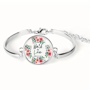 Silver Bible verse bangle featuring pink flowers and Walk in Love Ephesians 5:2 quote