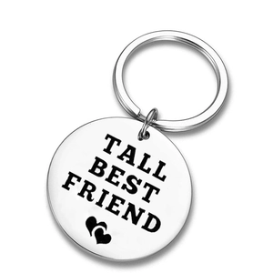 Polished stainless steel round keychain engraved with Tall Best Friend and heart icons