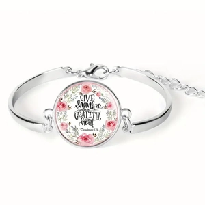 Silver vintage Bible quote bracelet with 'GIVE thanks' glass pendant and floral design
