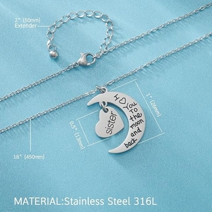 Sister necklace in 316L stainless steel with moon and heart charms and size markings