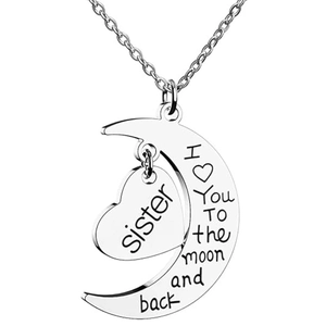 Silver moon and heart pendant necklace with Sister engraving for women gift