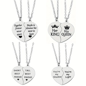 Stainless Steel Heart Puzzle Pendant Necklace Set Couples Friends Engraved King Queen Together Forever Minimalist Jewelry