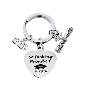 Polished stainless steel 2025 graduation keychain with heart pendant and mortarboard icon
