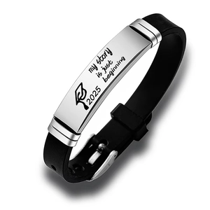 Adjustable 2025 graduation silicone bracelet with stainless steel plate and inspirational quote