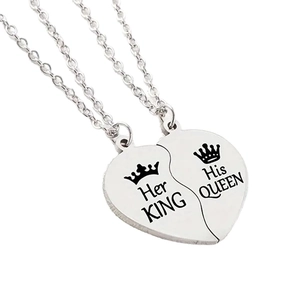 Puzzle heart couples necklace set in stainless steel with Her King and His Queen engraving