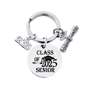 2025 Graduate keychain in silver stainless steel with Class of 2025 and scroll charms