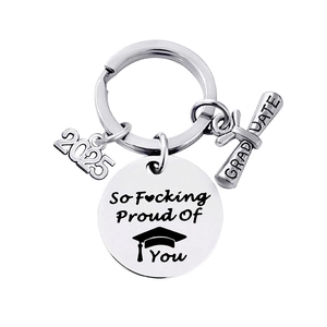 2025 graduation stainless steel keychain with diploma scroll and proud message tag