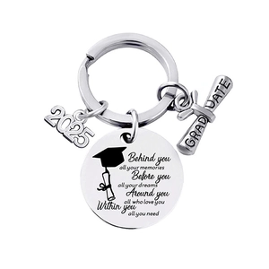 Stainless steel 2025 graduation keychain with inspirational circular charm and degree scroll