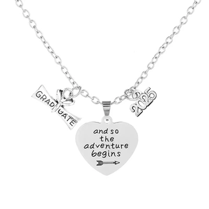 Silver graduation necklace with 2025 charm and adventure begins heart pendant