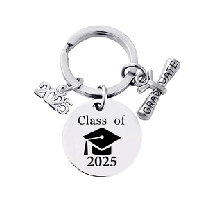 Polished silver 2025 graduation keychain with scroll charm and Class of 2025 pendant