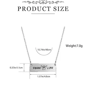 Silver Pogue Life engraved bar pendant necklace with shaka sign and size measurements
