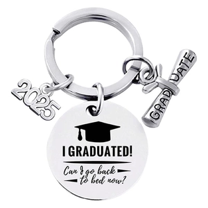 Silver stainless steel 2025 graduation keychain with humorous quote and mortarboard icon