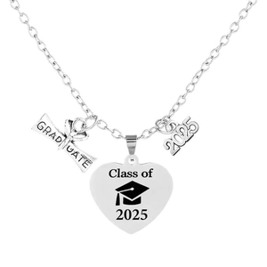 2025 graduation necklace with heart pendant, graduate scroll, and mortarboard cap charm