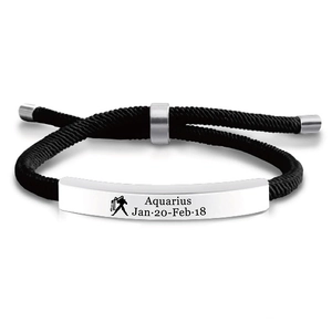 Bracciale intrecciato nero regolabile con piastra in acciaio inox incisa segno Acquario