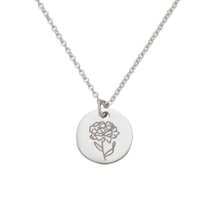 Minimalist silver stainless steel flower pendant necklace with engraved carnation design