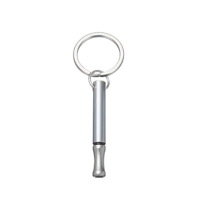 Minimalist silver metal meditation breathing tool keychain with slim cylindrical pendant