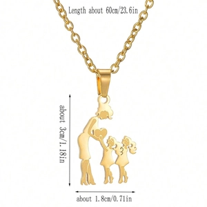 Golden stainless steel family silhouette necklace featuring a mother and two children