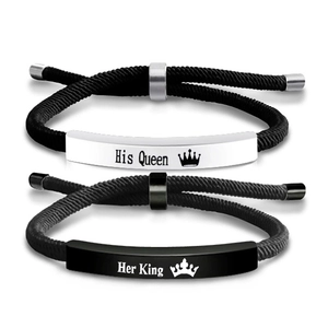 Lot de bracelets de couple tressés ajustables avec plaques gravées His Queen et Her King