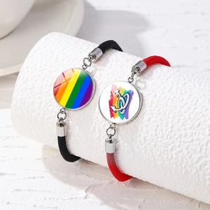 Rainbow LGBT woven bracelets set in black and red cord with stainless steel accents