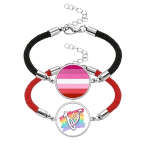 Rainbow LGBT pride braided couple bracelets with stainless steel clasp and glass pendant