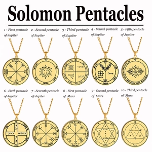 Set of 10 gold stainless steel Solomon Pentacle necklaces with mystical planetary engravings