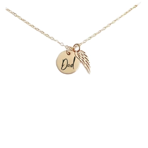 Rose gold stainless steel necklace with engraved Dad disc and angel wing pendant