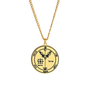 Close-up of gold stainless steel Seal of Solomon pendant with detailed rope chain