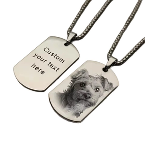 Custom engraved stainless steel dog tag necklace with personalized pet photo and text