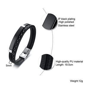 Mehrlagiges schwarzes Lederarmband für Herren mit Edelstahlkreuz und Verschlussdetail