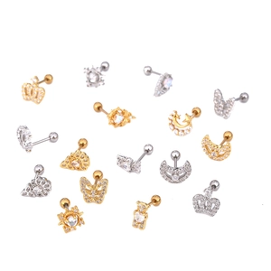 Detailed set of zircon butterfly and crown stud earrings with surgical steel screw backs