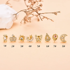 Golden geometric stud earrings set featuring butterfly and crown designs with zircons