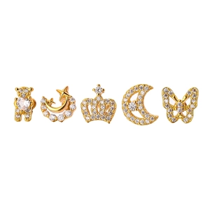 Five-piece set of gold-plated stainless steel stud earrings with zirconia charms