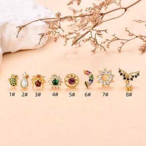 Set di 8 orecchini vintage con zirconi dorati a forma di tartaruga, luna e uccellino