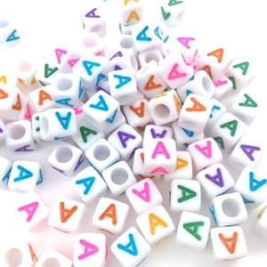 6mm white acrylic cube beads with colorful letter A prints for DIY jewelry crafting