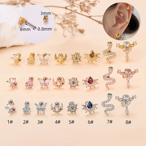 Pendientes De Botón De Cartílago De Acero Inoxidable Vintage Mujer Aleación Zirconia Mariposa Serpiente Luna Joyería