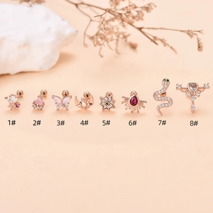 Set de 8 pendientes vintage de mariposa y serpiente con circonitas en acabado oro rosa
