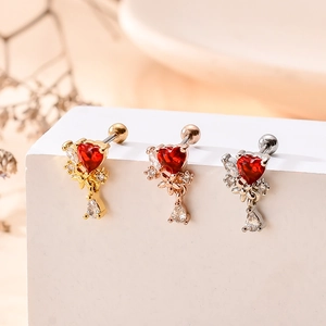 Close-up of heart-shaped zircon earrings with stainless steel ball back in three colors