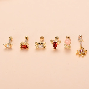 Golden stainless steel ocean theme piercing studs with colorful zircon and opal stones