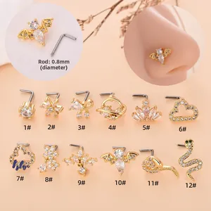 Fashion Stainless Steel L-Shaped Nose Stud For Women Trendy Heart Snake Bat Shape Rhinestone Piercing Body Jewelry