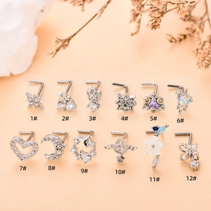 Set of 12 heart and moon L-shaped nose studs with sparkling cubic zirconia in silver steel