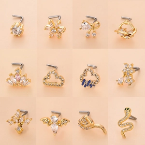 L-shaped gold nose studs set with assorted shapes like heart crown and butterfly