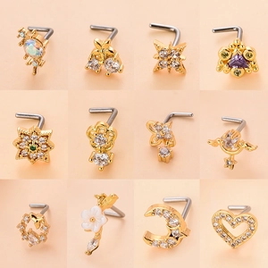 Set of 12 gold-plated nose studs with heart moon and star shapes with inlaid zircon