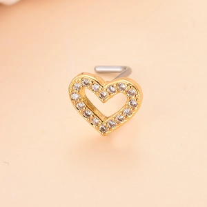 L-shaped gold heart nose stud with micro-pave cubic zirconia crystals for women