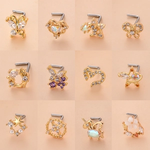 Clous de nez dorés en L avec motifs de papillon, de cœur et de zircons sertis
