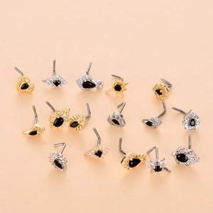 Set di piercing al naso a forma di L in acciaio inossidabile con pietre di zircone nero