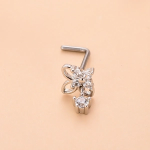 L-shaped silver nose stud featuring a sparkling zircon flower and dangling drop gem
